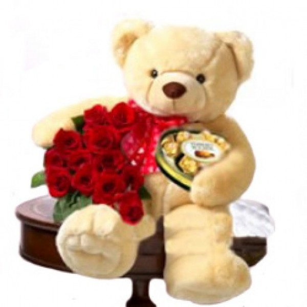 10 Red Rose with Teddy Bear (18 inches) and 16 Pcs Ferrero Rocher